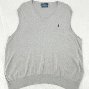 Vintage Polo Ralph Lauren Mens Sweater Vest XXL Gray Pima Cotton V-Neck Preppy